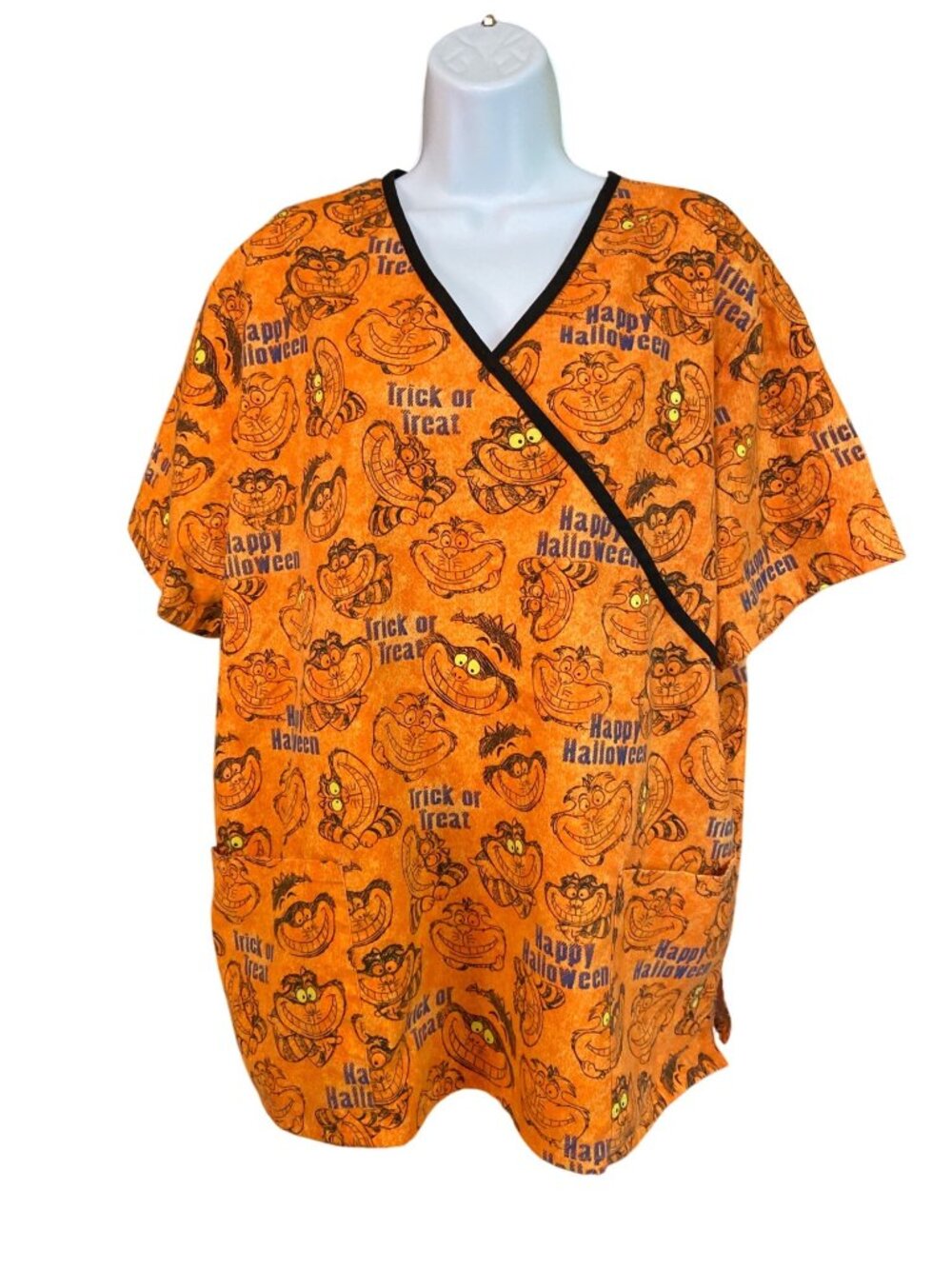 Disney Cheshire Cat Halloween Scrub Top XL Orange Y2K Spooky Nurse Medical